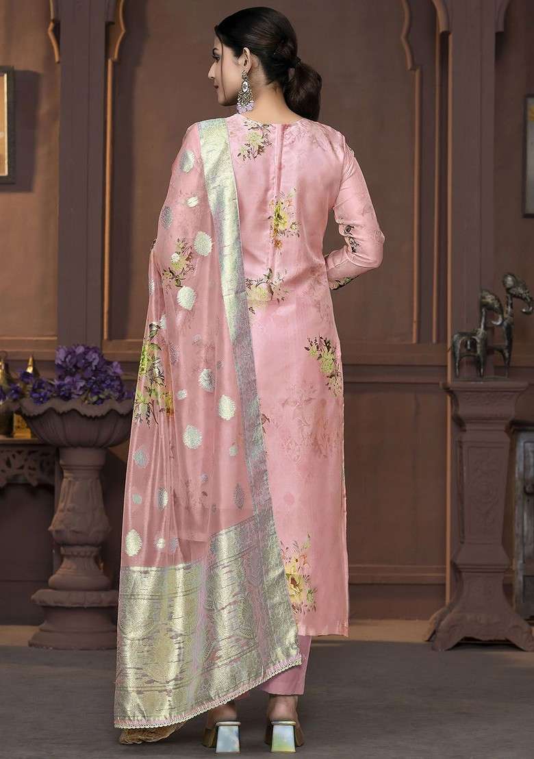 Peach Embroidered Blended Pakistani Suit Set - Indya