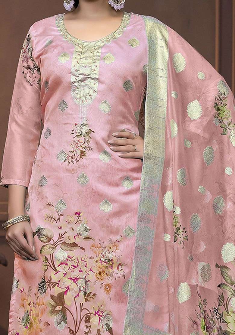 Peach Embroidered Blended Pakistani Suit Set - Indya