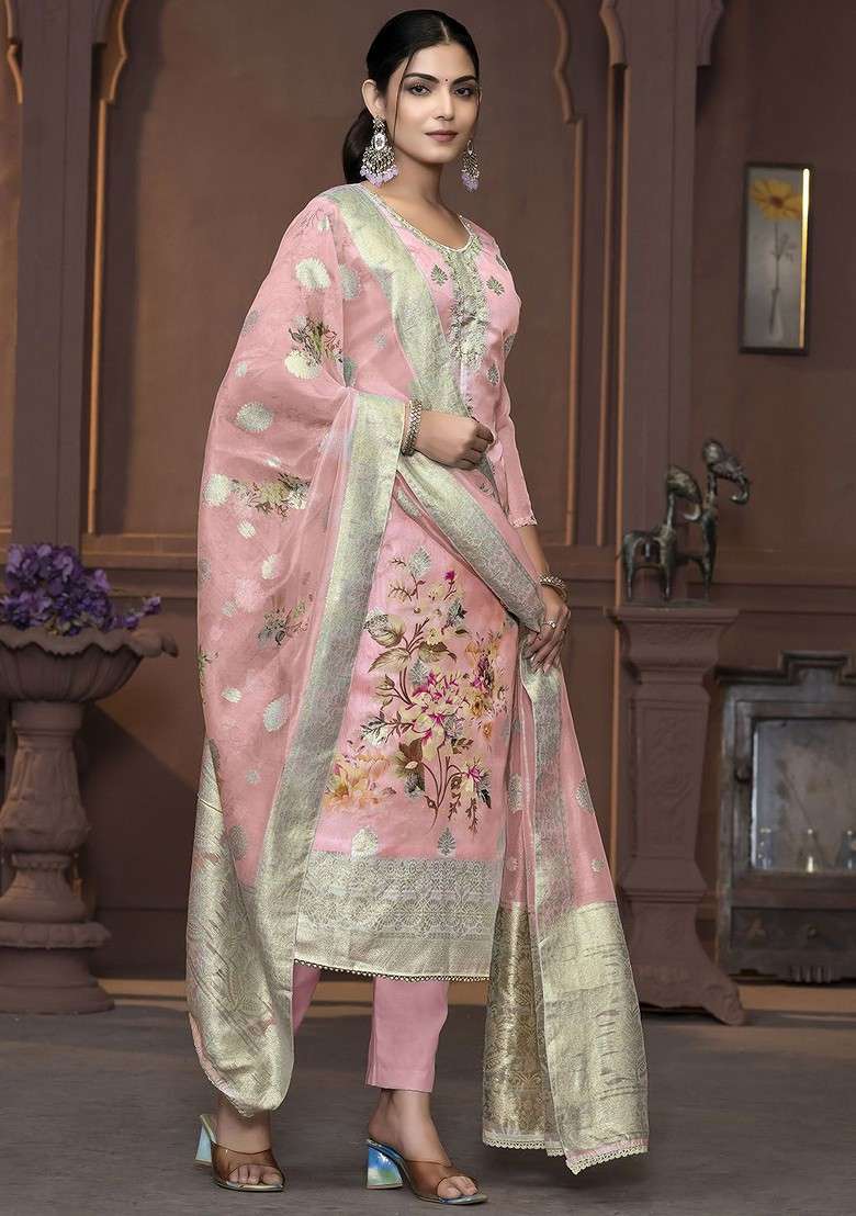 Peach Embroidered Blended Pakistani Suit Set - Indya