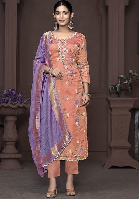 Peach Floral Print Organza Kurta Set