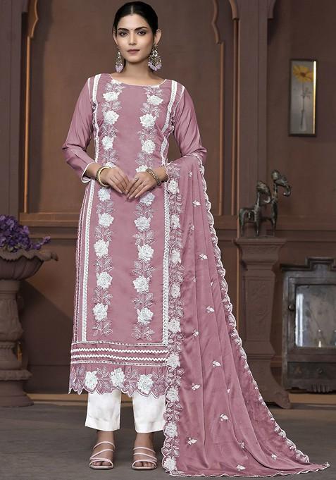 Pink Embroidered Poly Blend Kurta Set