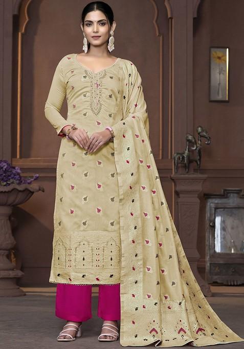 Beige Woven Poly Blend Kurta Set