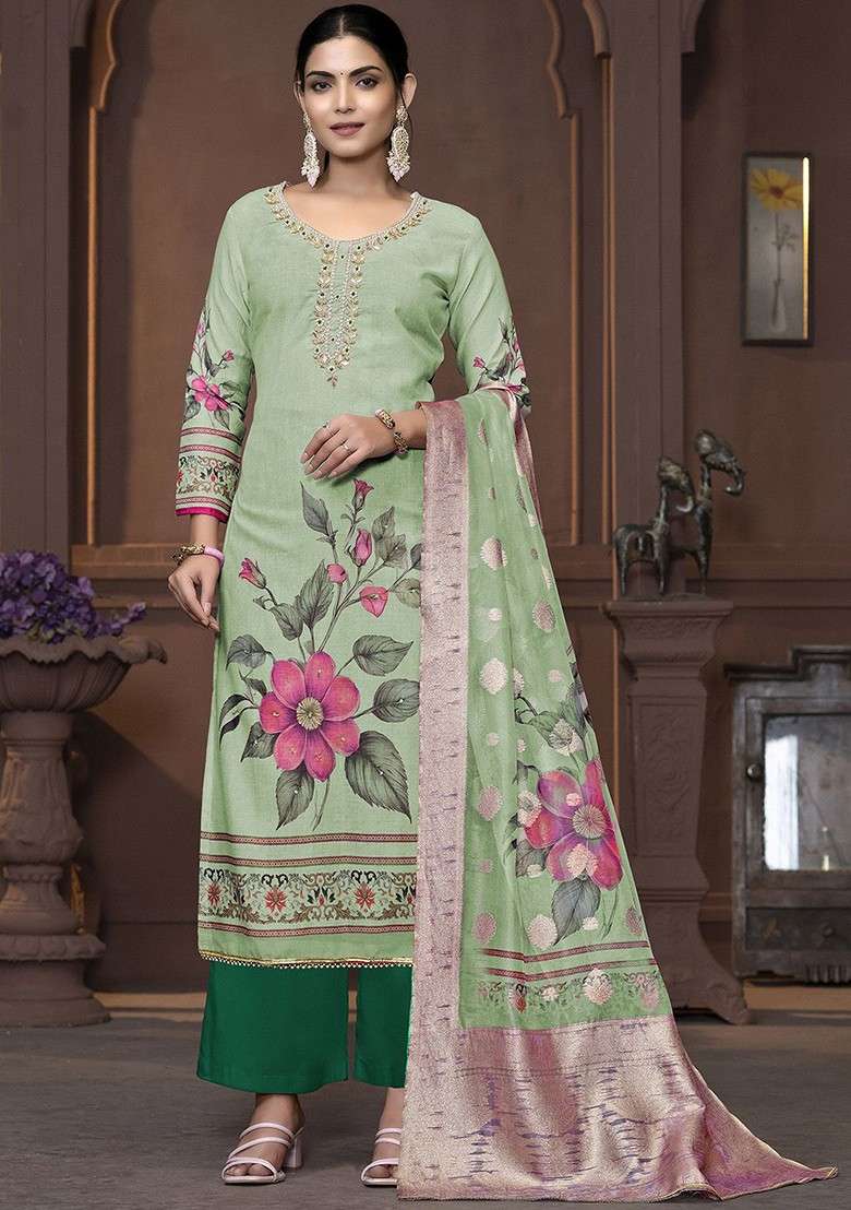 Lime Green Embroidered Poly Straight Kurta Set - Indya