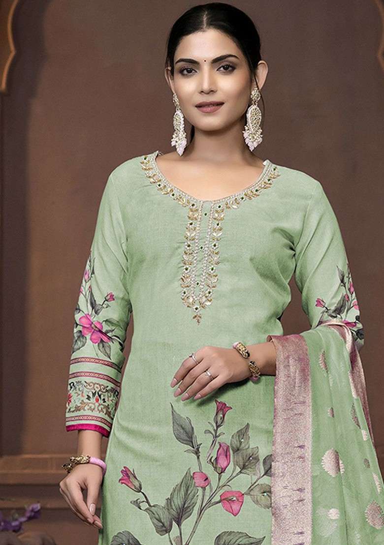 Lime Green Embroidered Poly Straight Kurta Set - Indya
