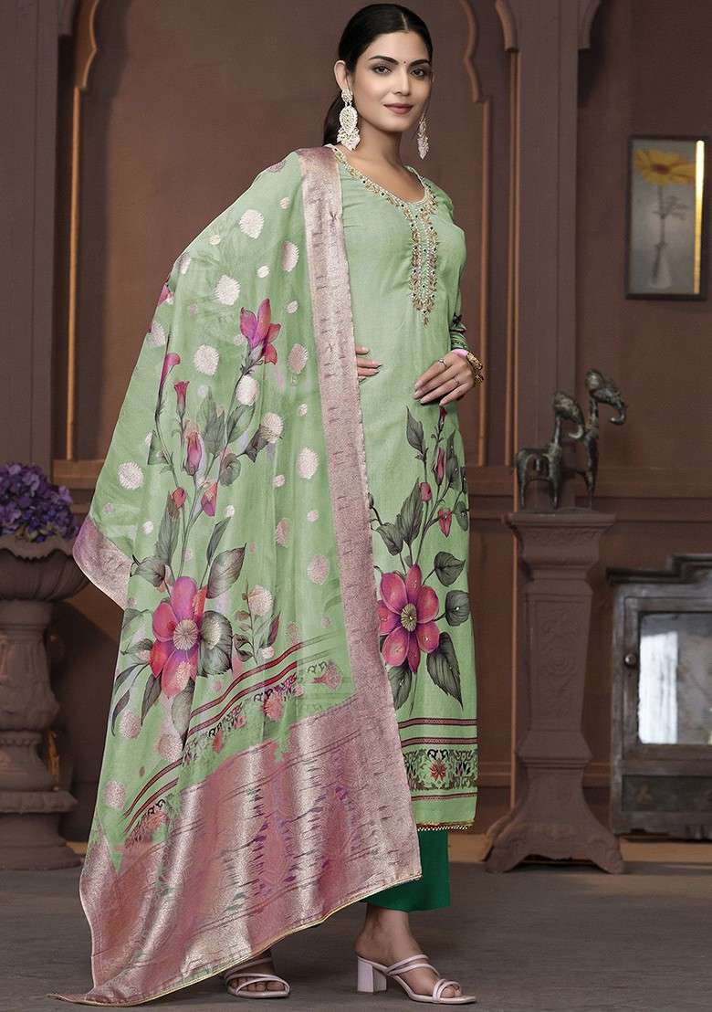 Lime Green Embroidered Poly Straight Kurta Set - Indya