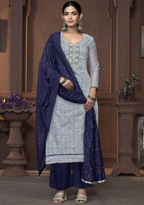 Grey Embellished Poly Blend Kurta Set