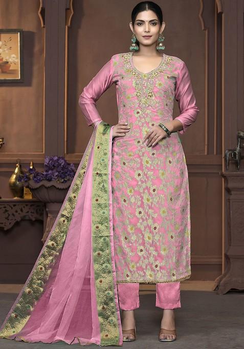 Pink Embellished Poly Blend Kurta Set