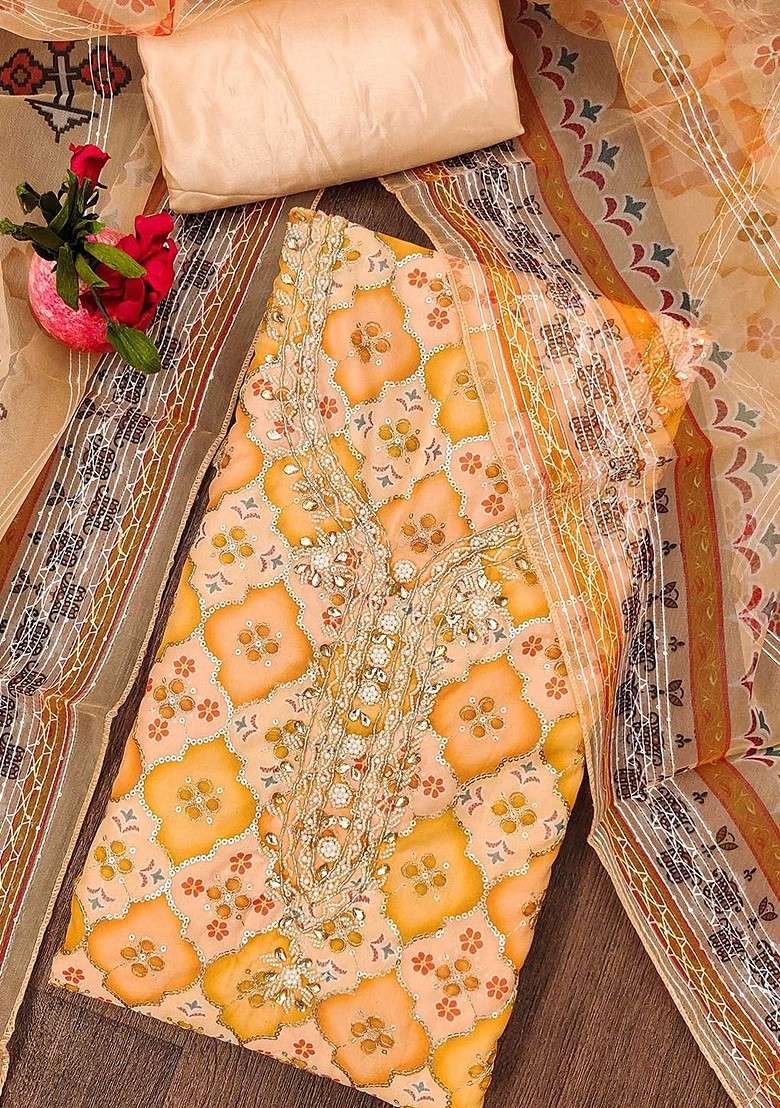 Orange Embellished Organza Kurta Set - Indya