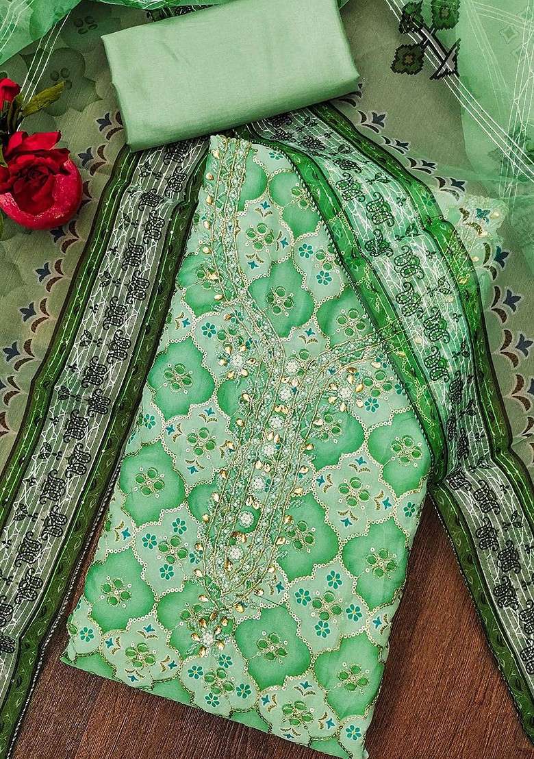 Green Embroidered Organza Straight Kurta Set - Indya