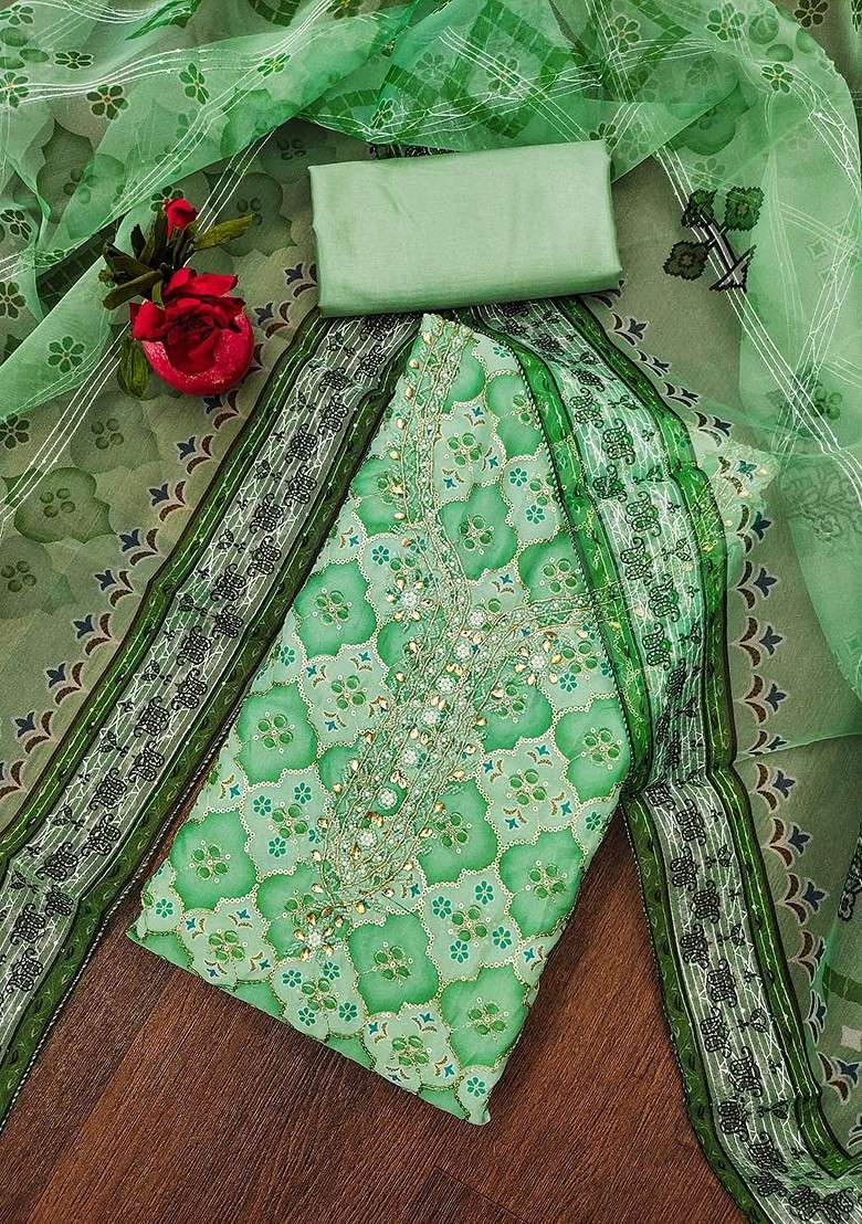 Green Embroidered Organza Straight Kurta Set - Indya