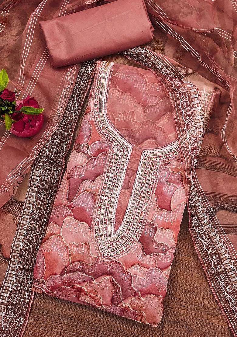 Peach Embellished Organza Kurta Set - Indya