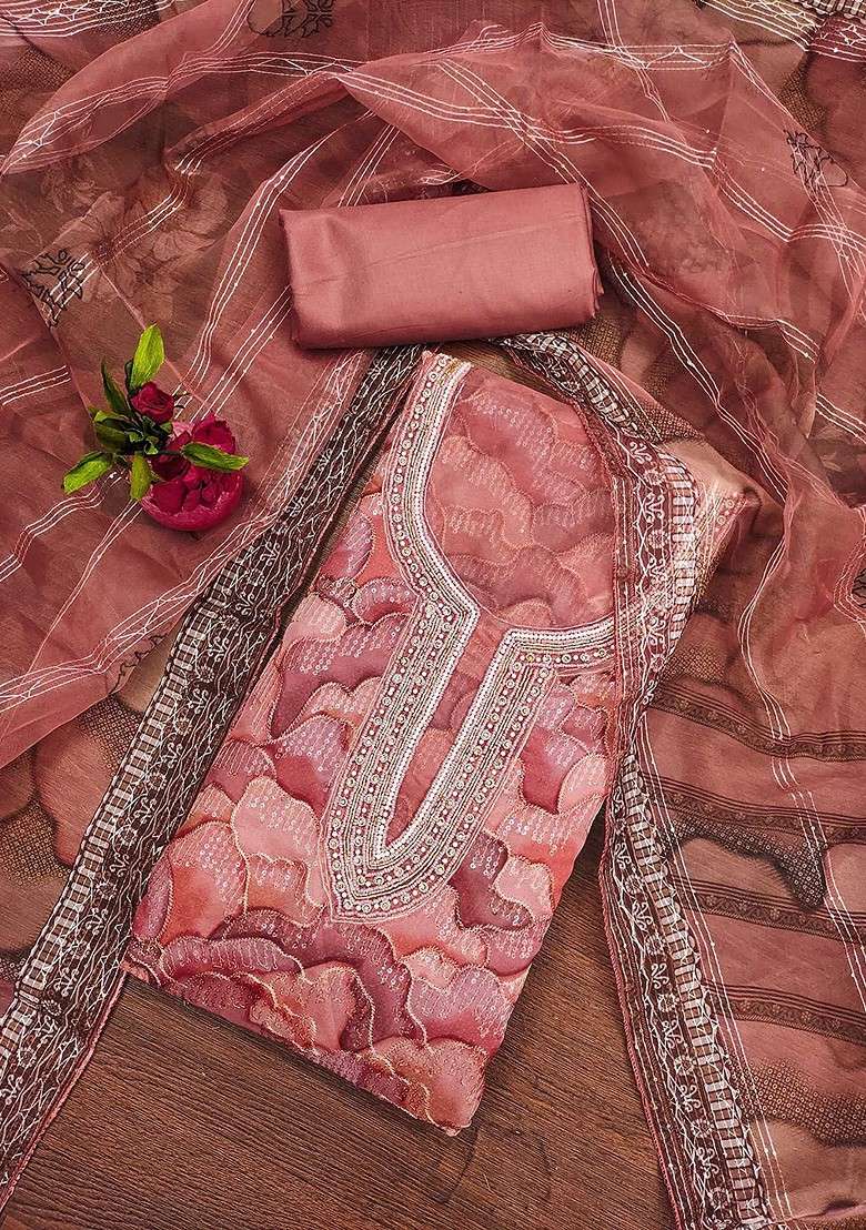 Peach Embellished Organza Kurta Set - Indya