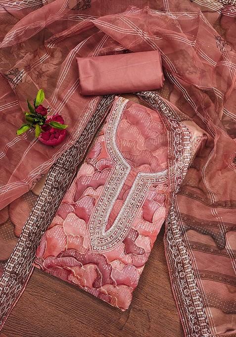 Peach Embellished Organza Kurta Set