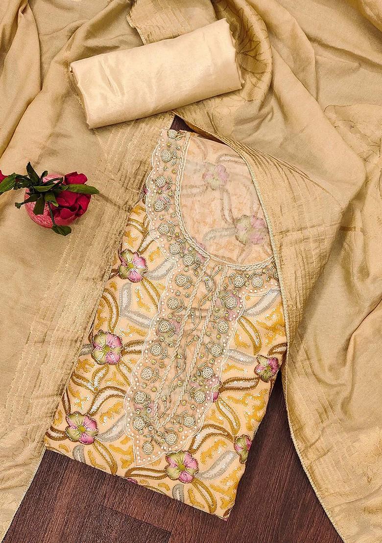 Beige Embellished Organza Kurta Set