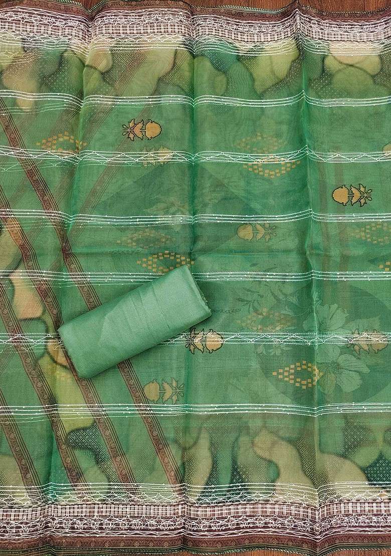 Sea Green Printed Organza Straight Kurta Set - Indya