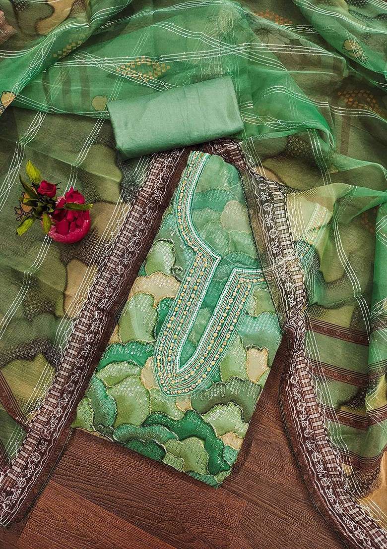 Sea Green Printed Organza Straight Kurta Set - Indya