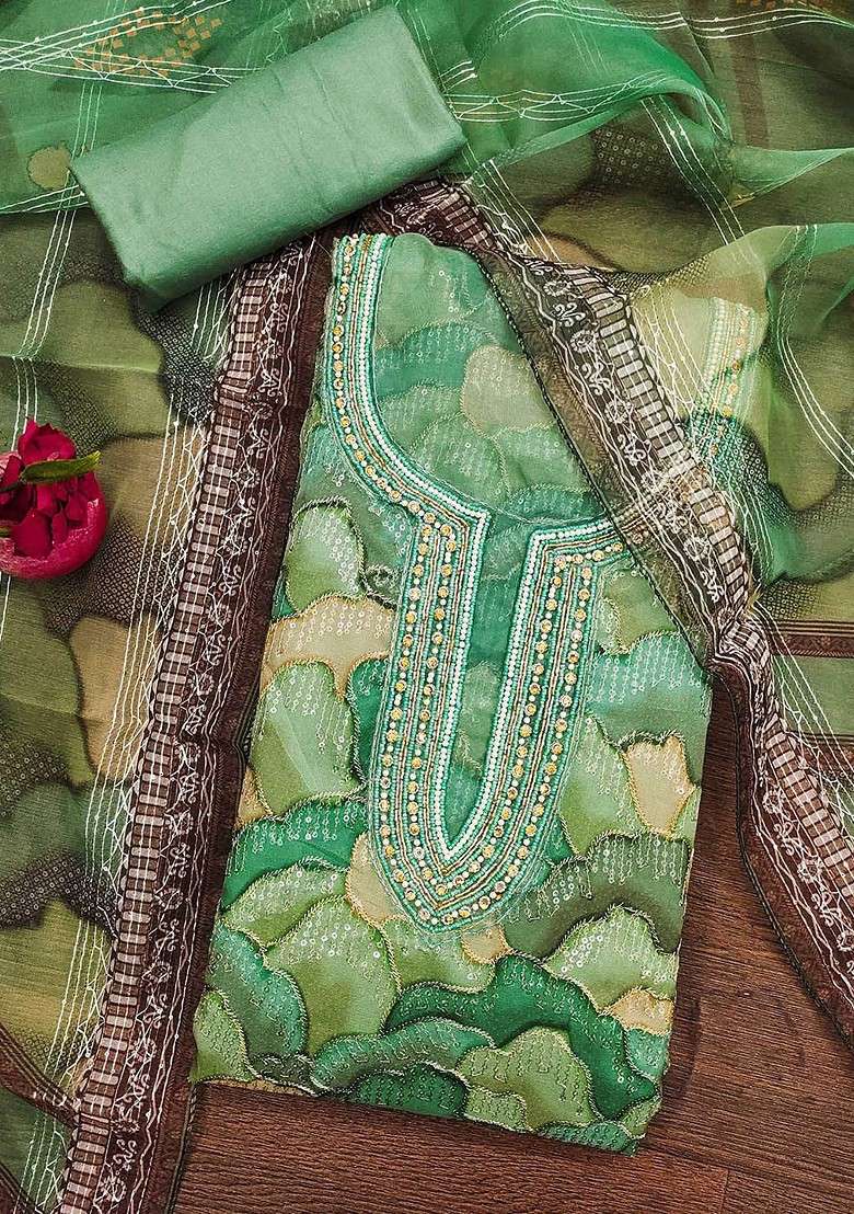Sea Green Printed Organza Straight Kurta Set - Indya