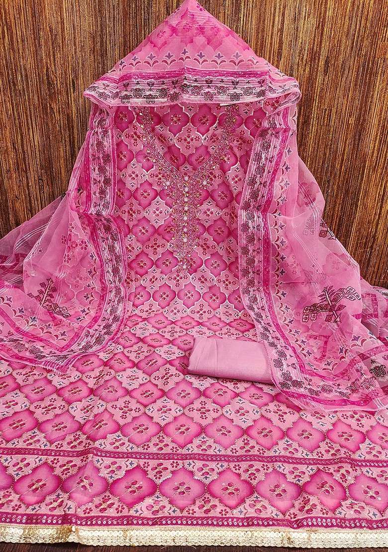 Pink Embellished Organza Kurta Set - Indya