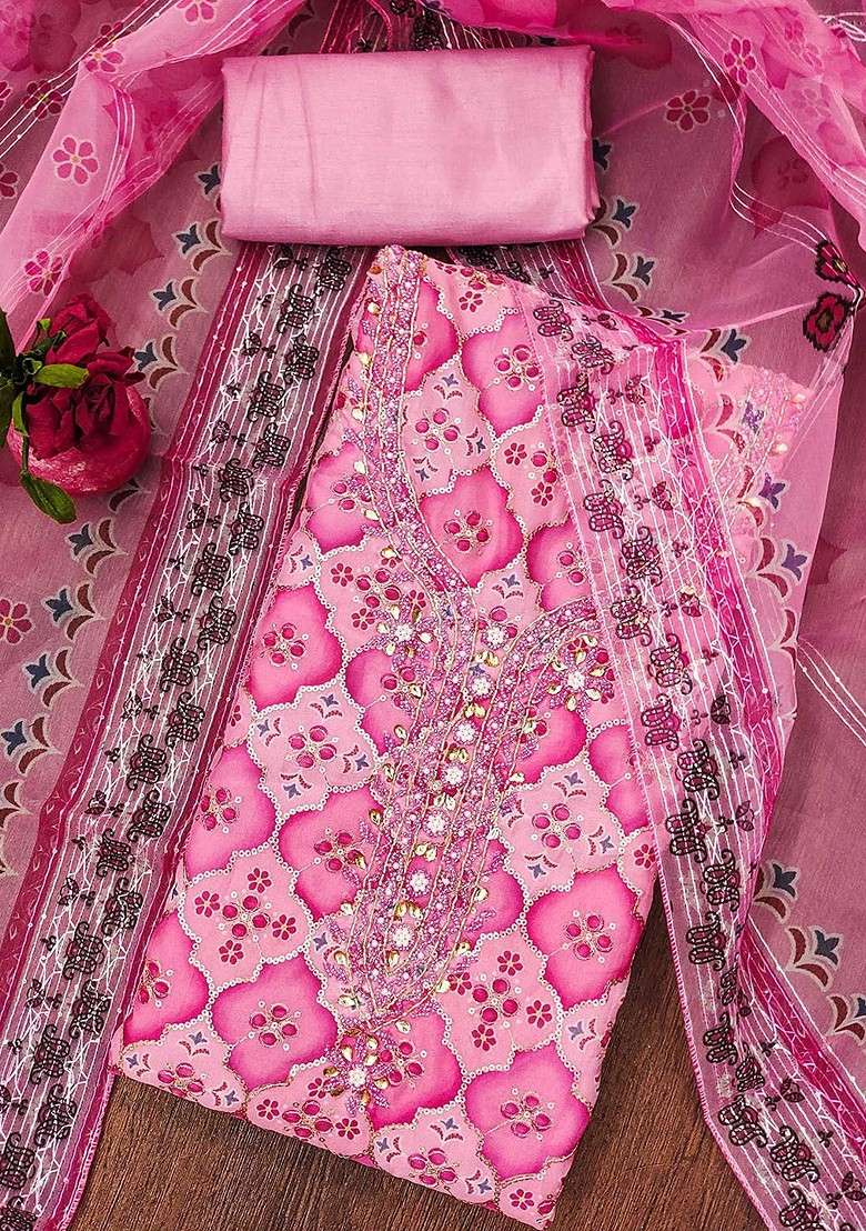 Pink Embellished Organza Kurta Set - Indya