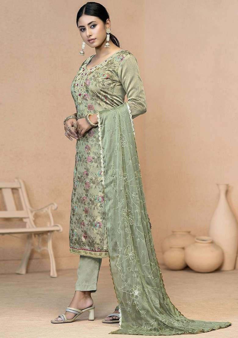 Olive Embroidered Poly Pakistani Suit Set - Indya