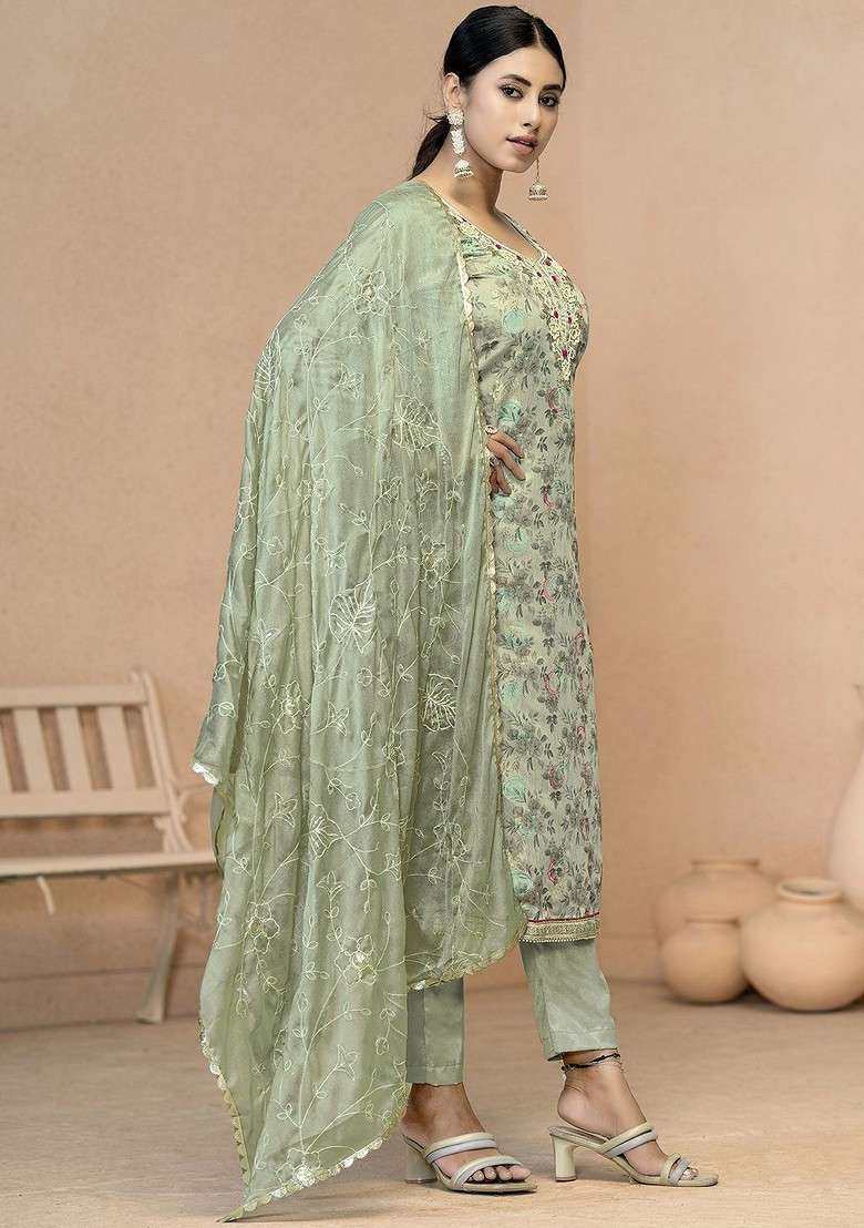 Olive Embroidered Poly Pakistani Suit Set - Indya