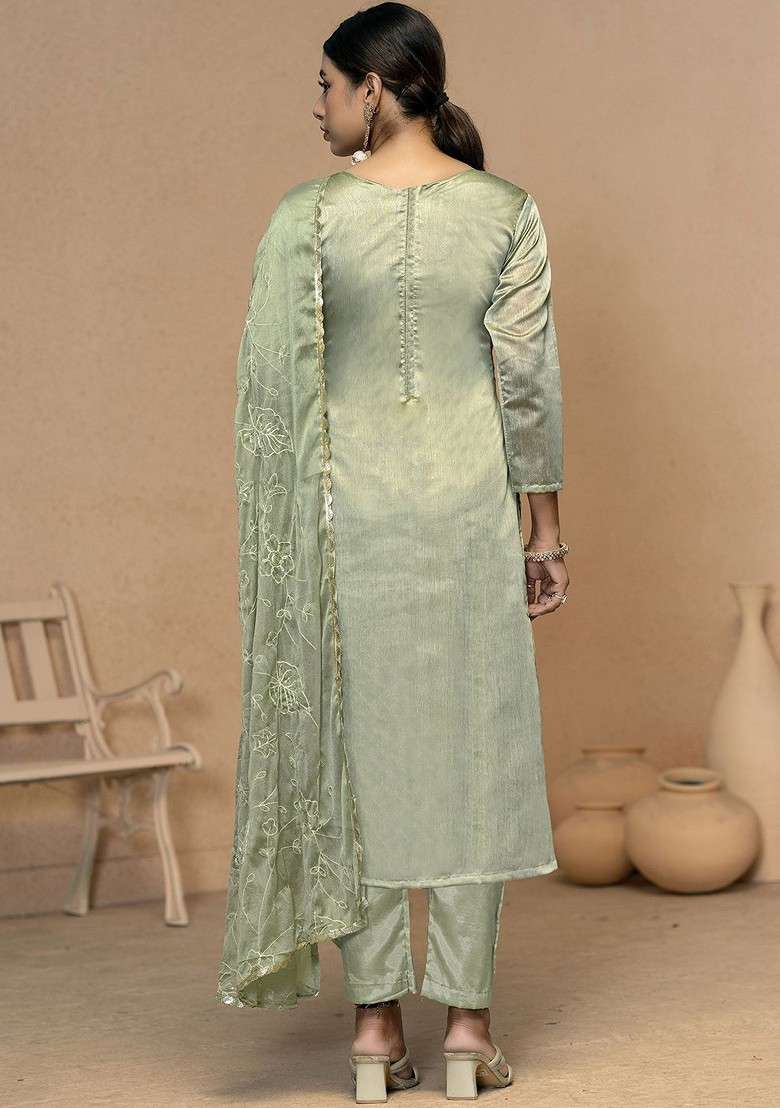 Olive Embroidered Poly Pakistani Suit Set - Indya