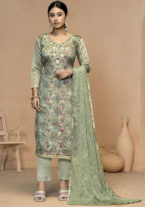 Olive Floral Print Poly Blend Kurta Set