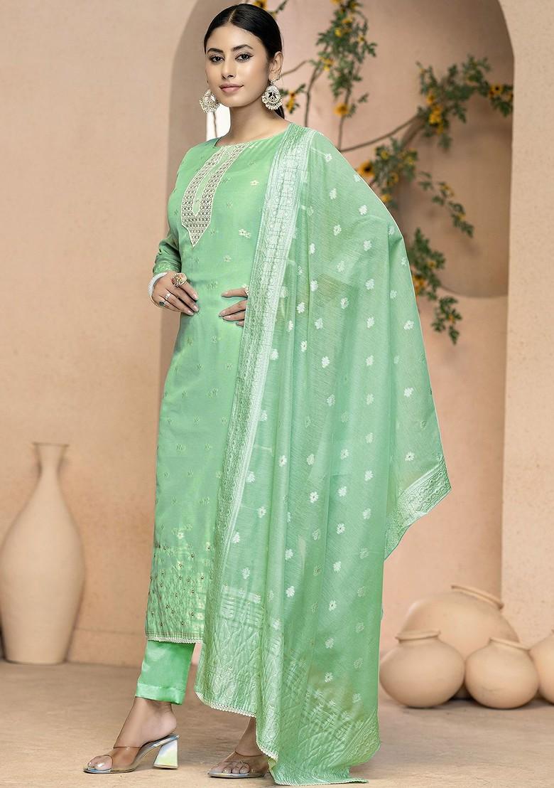 Green Embroidered Poly Blend Kurta Set - Indya
