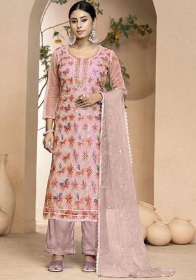 Pink Embroidered Organza Kurta Set
