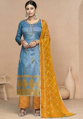 Blue Embroidered Poly Blend Kurta Set