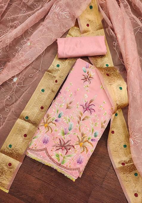 Pink Embroidered Poly Blend Kurta Set