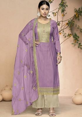 Purple Embroidered Poly Blend Kurta Set