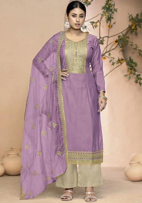 Purple Embroidered Poly Blend Kurta Set