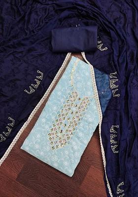 Blue Floral Print Poly Blend Kurta Set