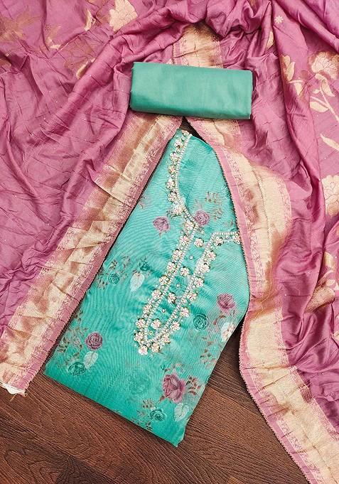 Sea Green Floral Print Poly Blend Kurta Set