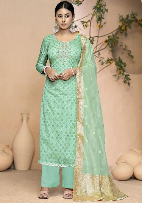 Sea Green Printed Poly Blend Kurta Set