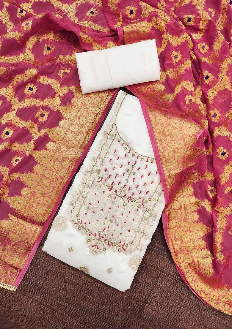 White Embroidered Blended Straight Kurta Set - Indya