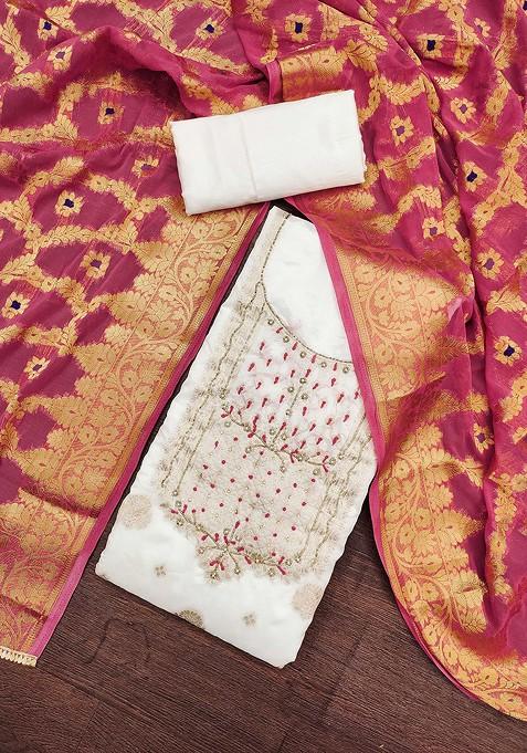 White Woven Poly Blend Kurta Set