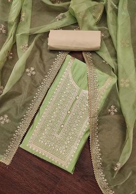 Lime Green Sequin Embroidered Poly Blend Kurta Set