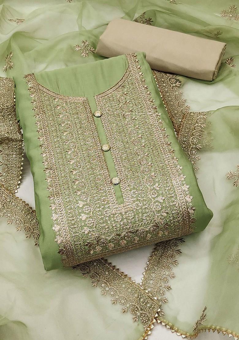 Lime Green Sequin Embroidered Poly Blend Kurta Set - Indya