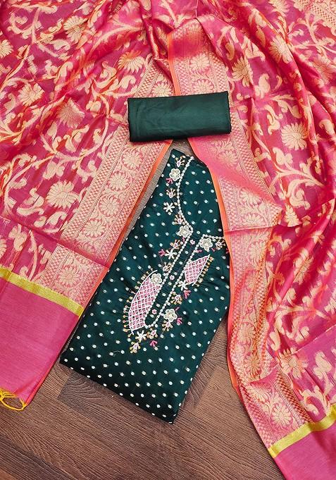 Green Embroidered Blended Straight Kurta Set