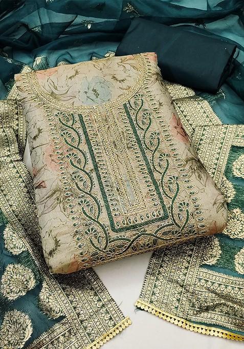 Beige Floral Print Poly Blend Kurta Set