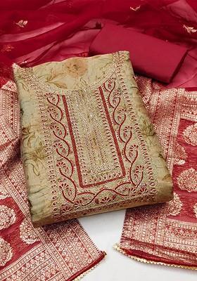 Beige Floral Print Poly Blend Kurta Set