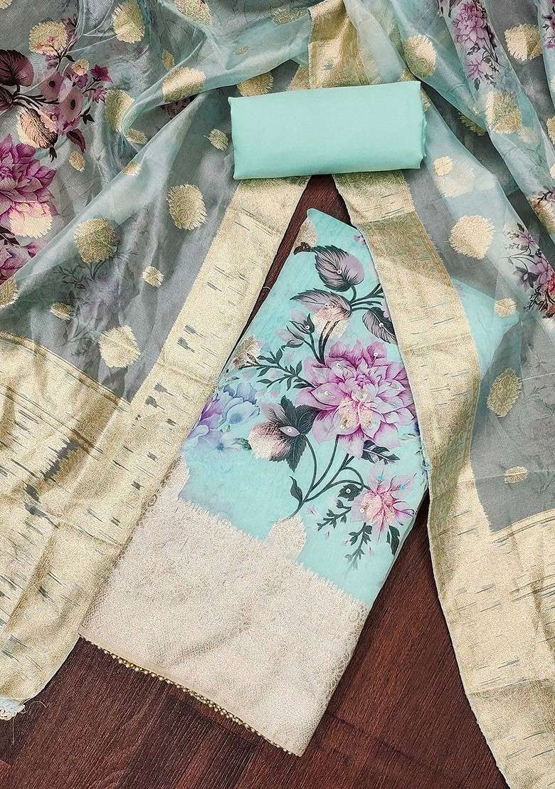 Sea Green Floral Print Organza Straight Kurta Set - Indya