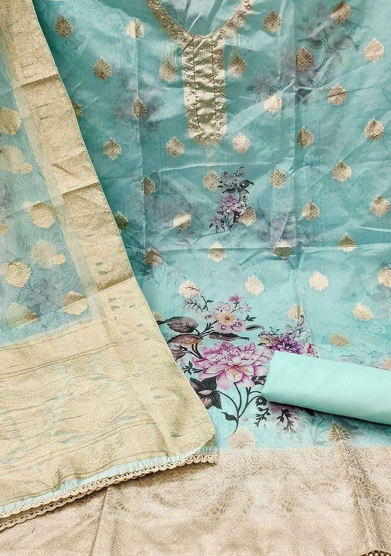 Sea Green Floral Print Organza Straight Kurta Set - Indya