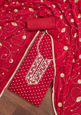 Red Woven Poly Blend Kurta Set