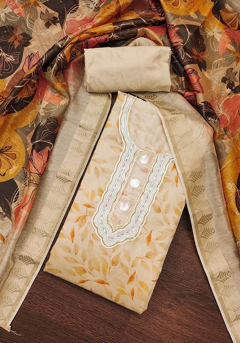 Beige Floral Print Poly Blend Kurta Set