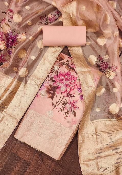 Peach Floral Print Organza Kurta Set