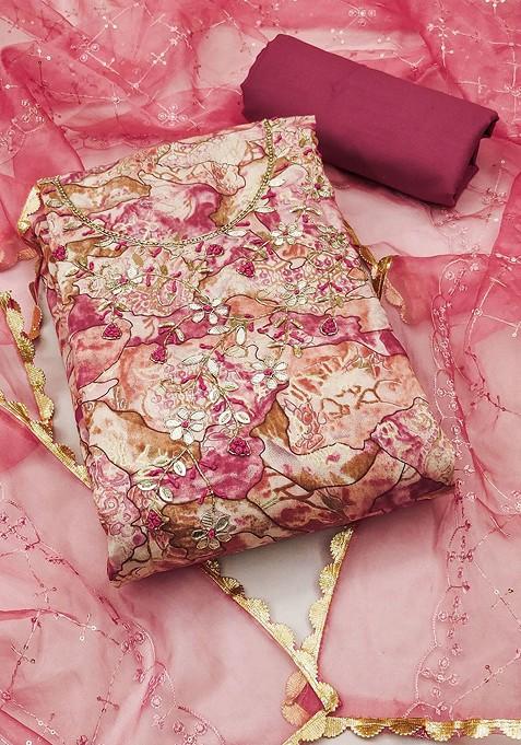 Pink Printed Poly Blend Kurta Set