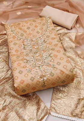 Beige Printed Poly Blend Kurta Set